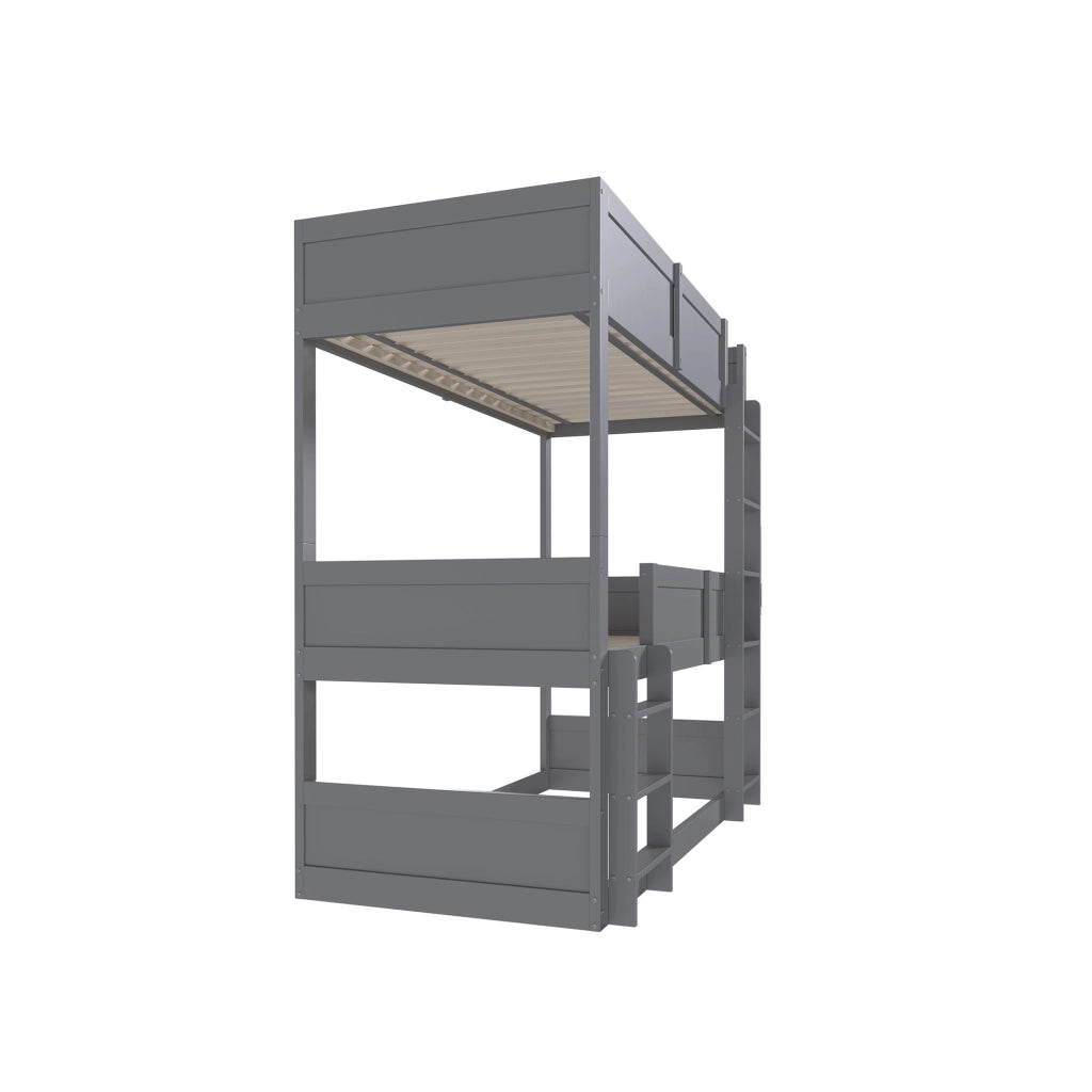 Letto a castello triplo per bambini 90 × 200 cm in legno grigio modulare con sponde alte e tre posti letto