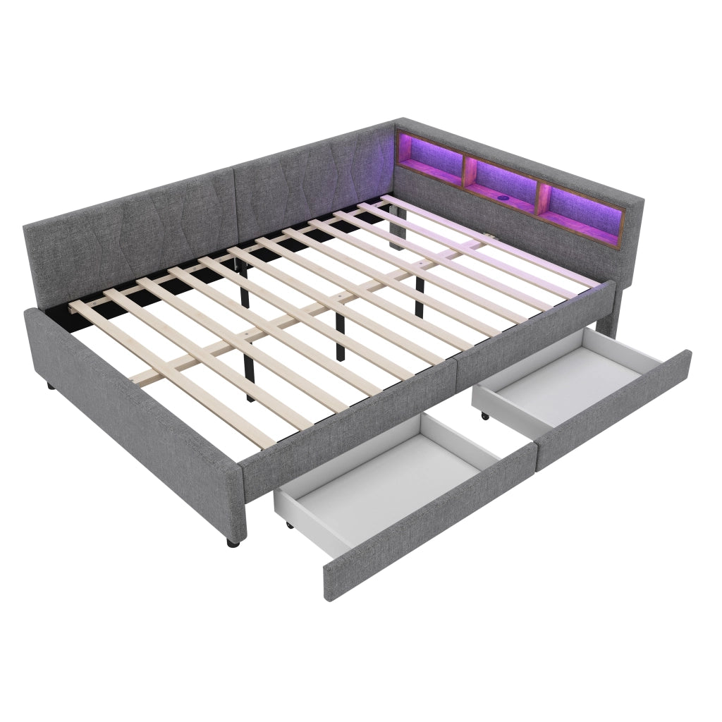 Letto estraibile 140x200 cm con rete a doghe; USB e porta tipo C; LED e vani portaoggetti; lino e MDF; grigio