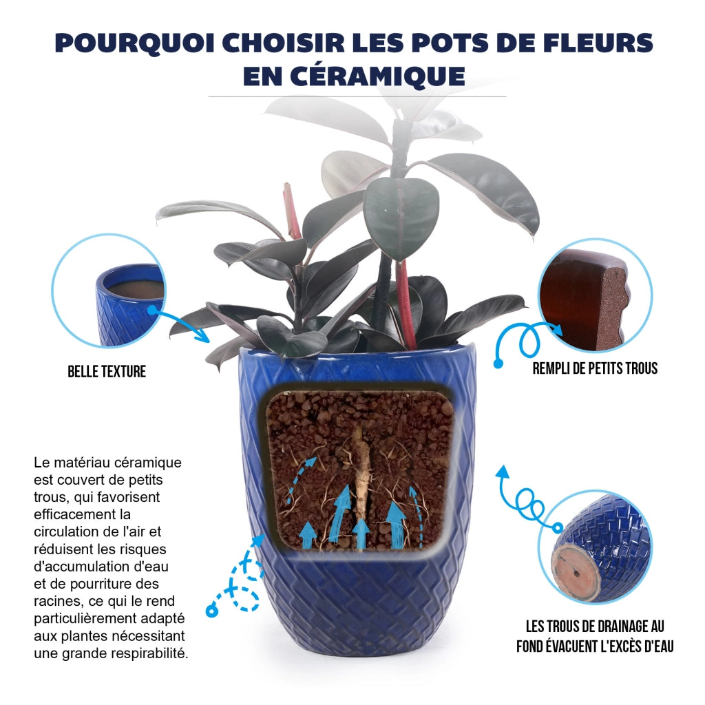 Vaso da fiori artigianale in ceramica blu navy con motivo a rombi per piante grandi da interno ed esterno 42 × 54 cm
