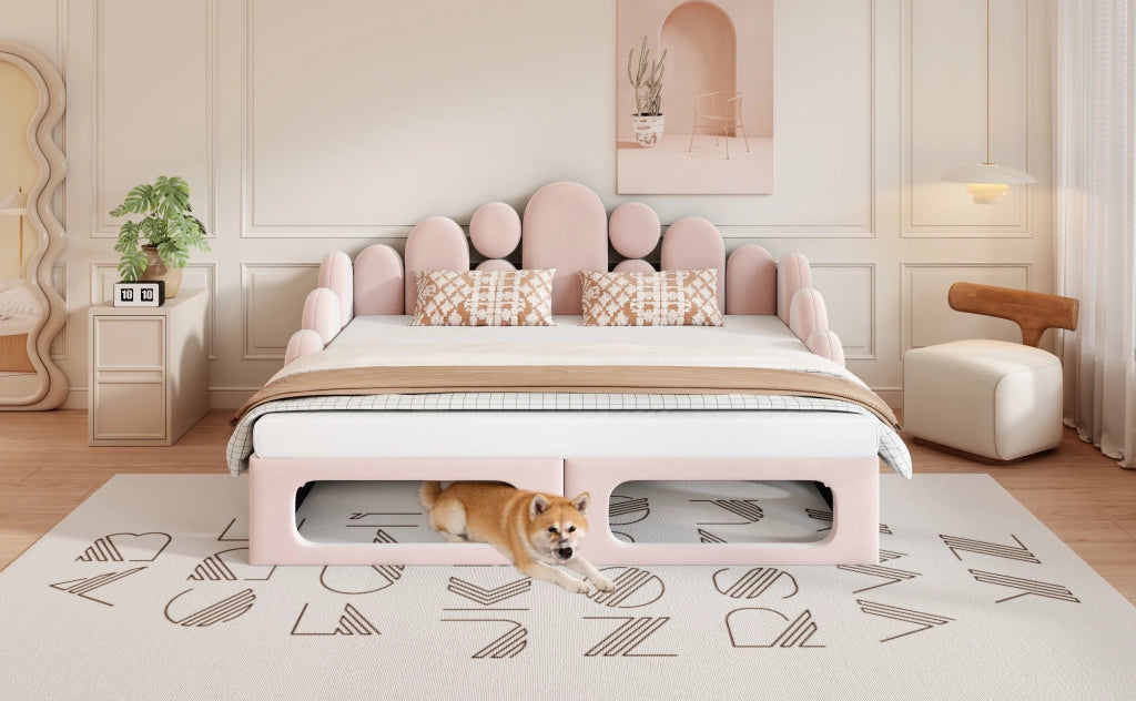 Letto multifunzionale 180 × 200 cm in velluto rosa con cuccia per animali e struttura divisibile