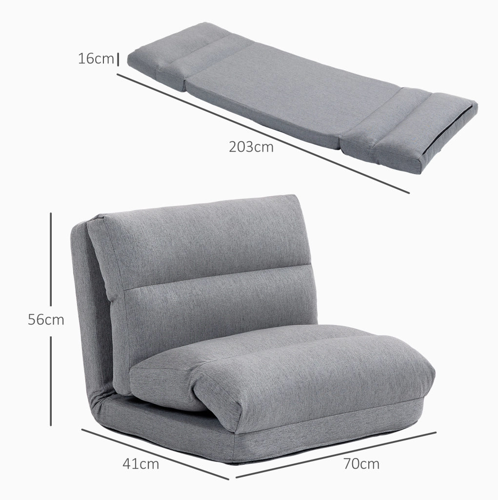 Sedia da Pavimento Pieghevole con Schienale Regolabile a 6 Posizioni, Imbottitura Spessa, Funzione Letto, Rivestimento in Tessuto Grigio 70x41x56 cm