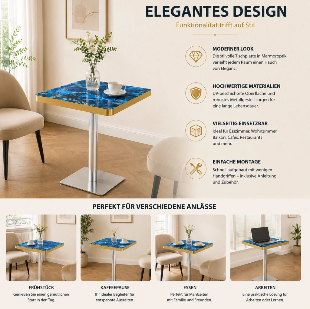 Tavolo quadrato effetto marmo blu con base in metallo