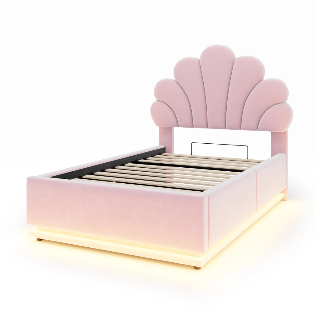 Letto imbottito contenitore ¨C Minimal ¨C 90x200 cm velluto beige rosa testiera led idraulico metallo