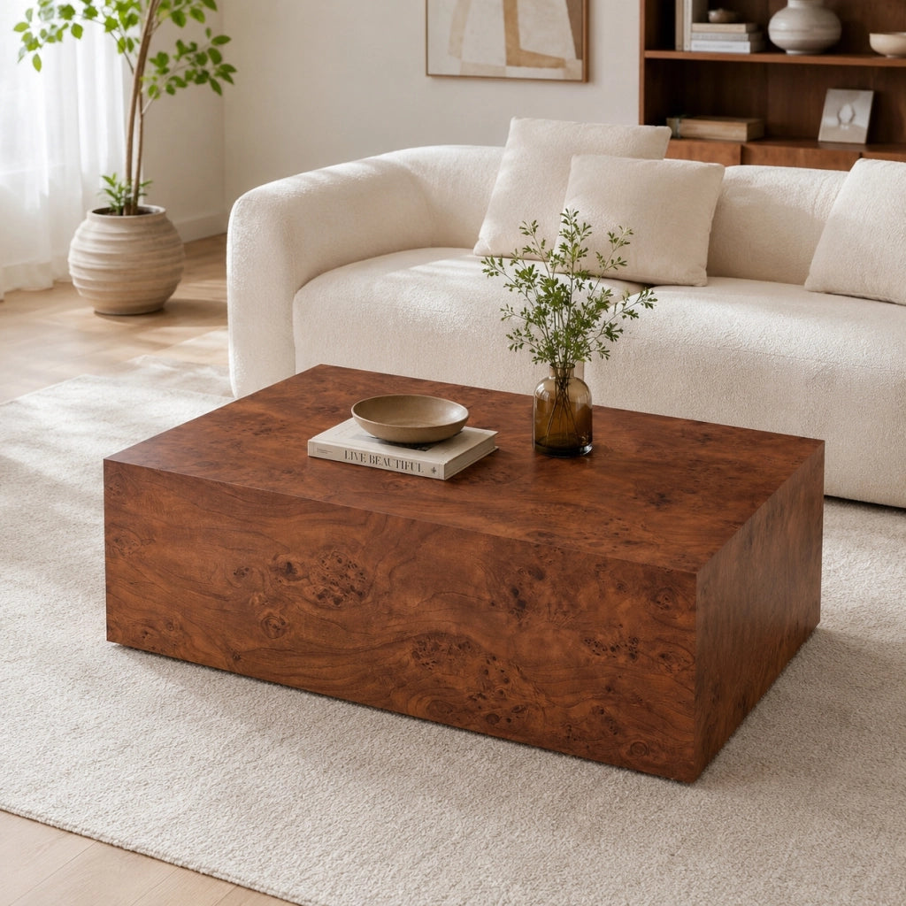 Tavolino basso fisso in MDF color noce con finitura effetto legno e struttura a telaio per soggiorno