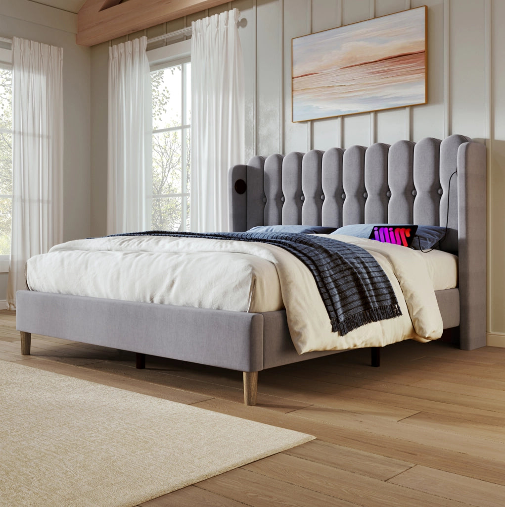 Letto matrimoniale 140x200 cm in lino grigio con USB Type C e rete a doghe, senza materasso