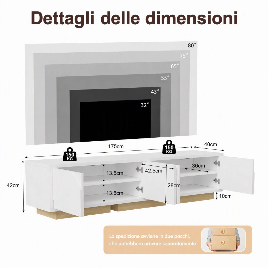 Mobile TV Moderno 175x40x42 cm;Mobile Basso per Soggiorno;Porta di ricarica;Ripiani Regolabili;Supporta TV fino a 80";Bianco