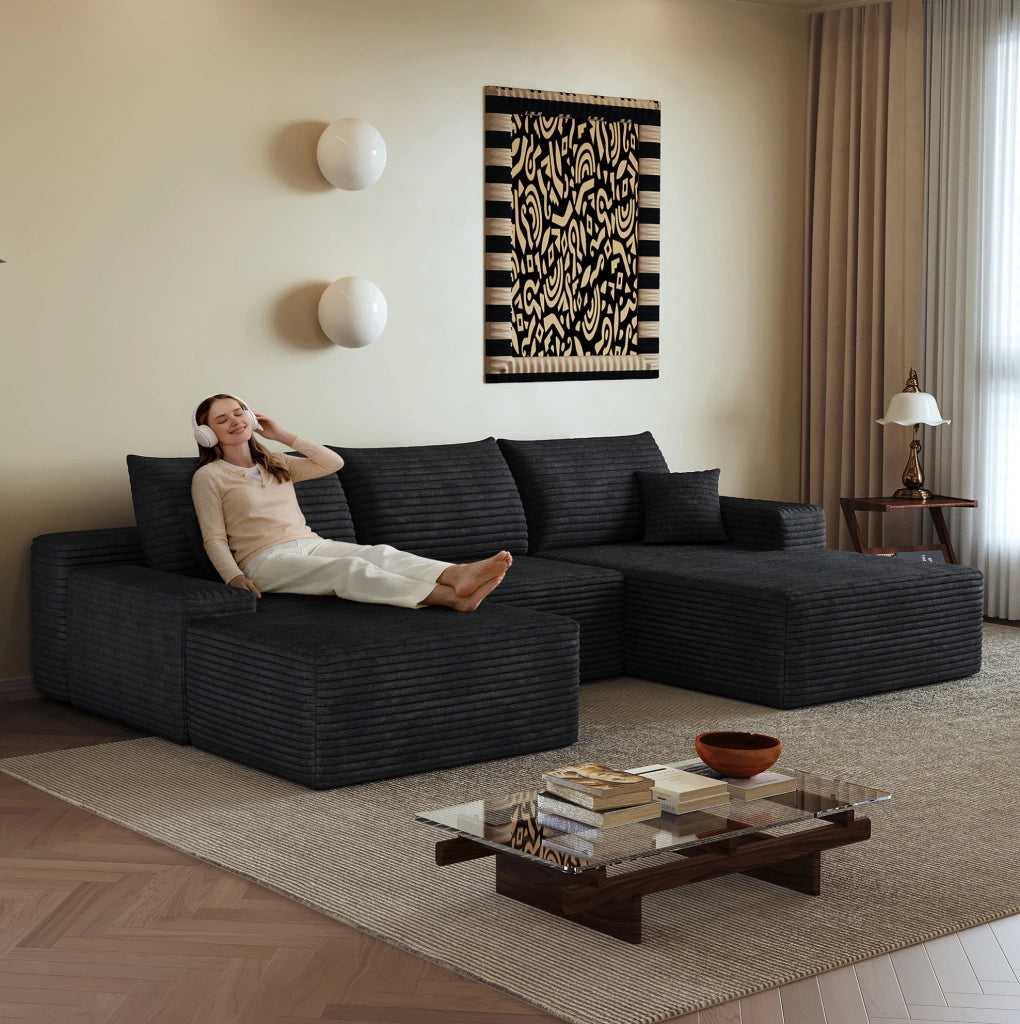 Divano modulare angolare da 270 cm con chaise longue a L in velluto a coste nero, senza montaggio