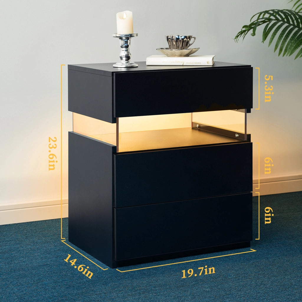Comodino con LED RGB e 3 cassetti in legno ingegnerizzato nero