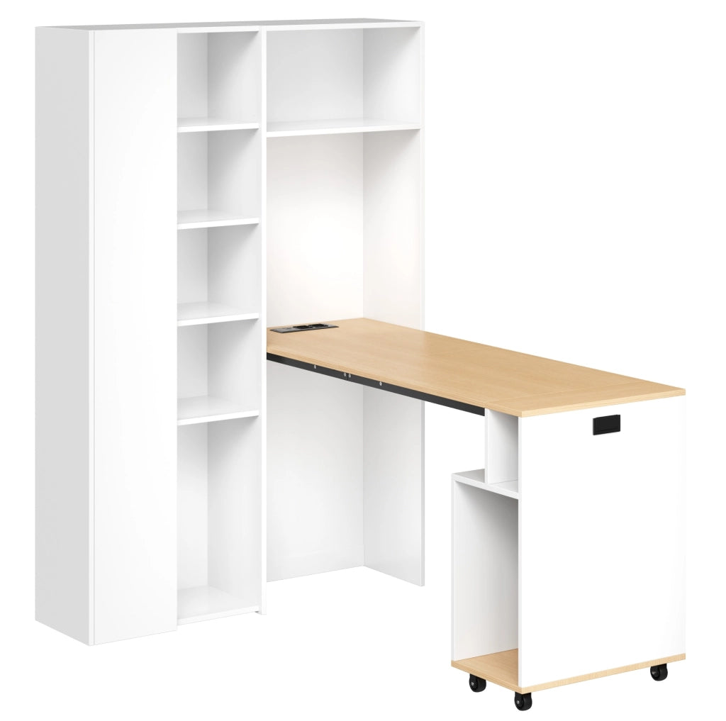 Scrivania pieghevole 2 in 1 con libreria, presa UE e USB in MDF bianco 104,5x30,5x160 cm