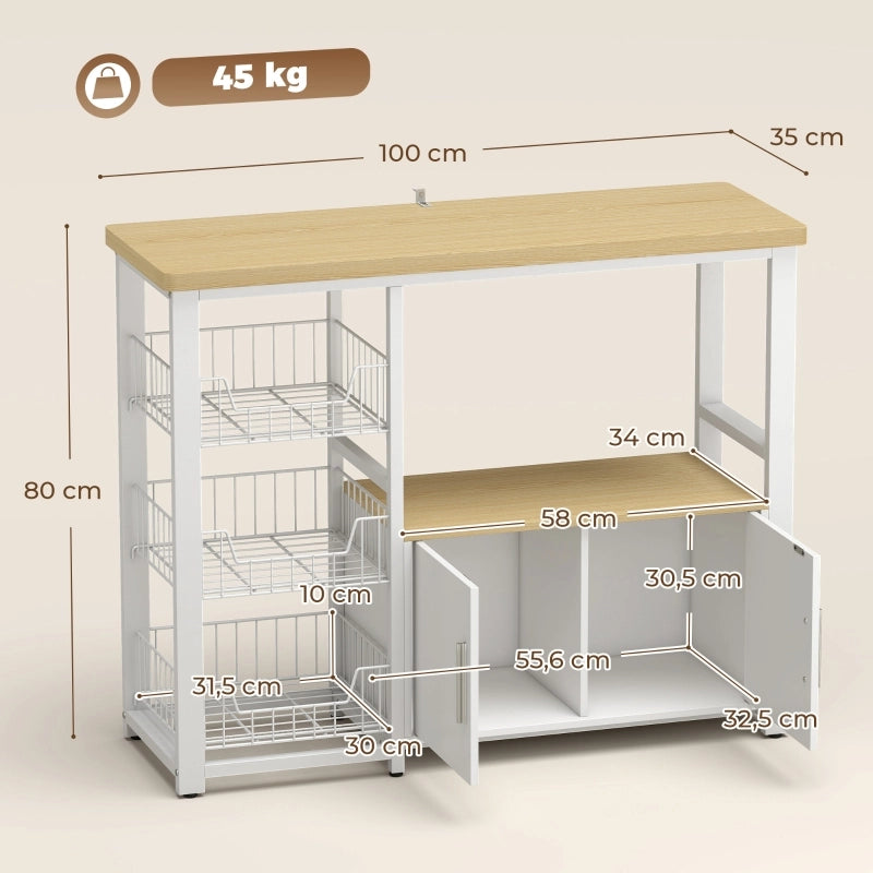 Scaffale da cucina con 3 cesti, vano per microonde e armadietto in MDF e acciaio color rovere 100 × 35 × 80 cm