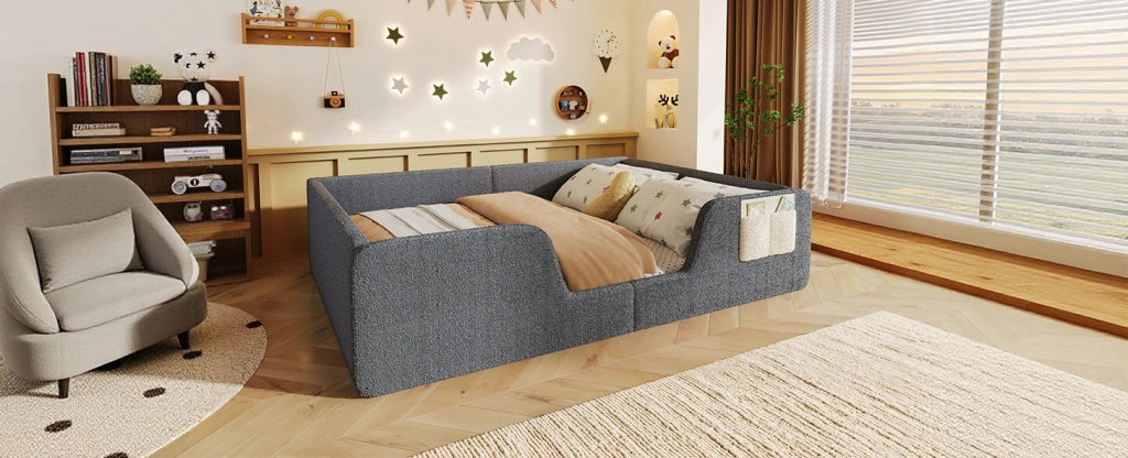 LETTO imbottito 140x190 cm in velluto grigio con sponde rimovibili