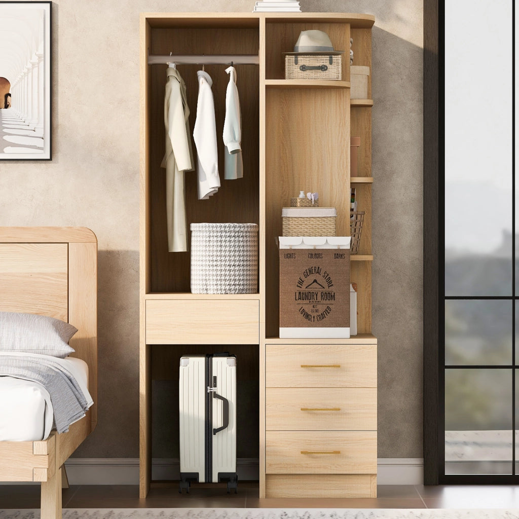 Armadio autoportante con vano appendiabiti ripiani aperti e cassetti in MDF 70 × 55 × 175 cm