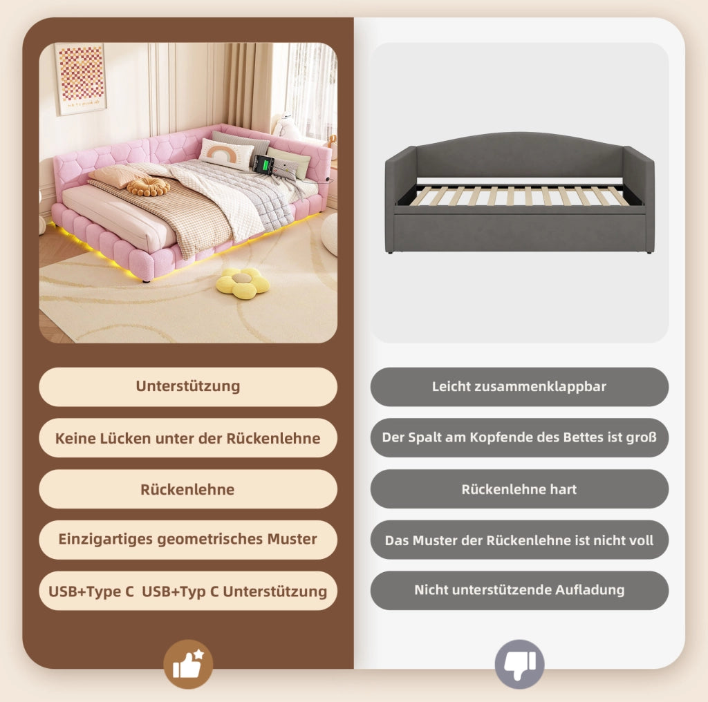 LETTO Divano letto 140x200 cm in velluto rosa con rete a doghe
