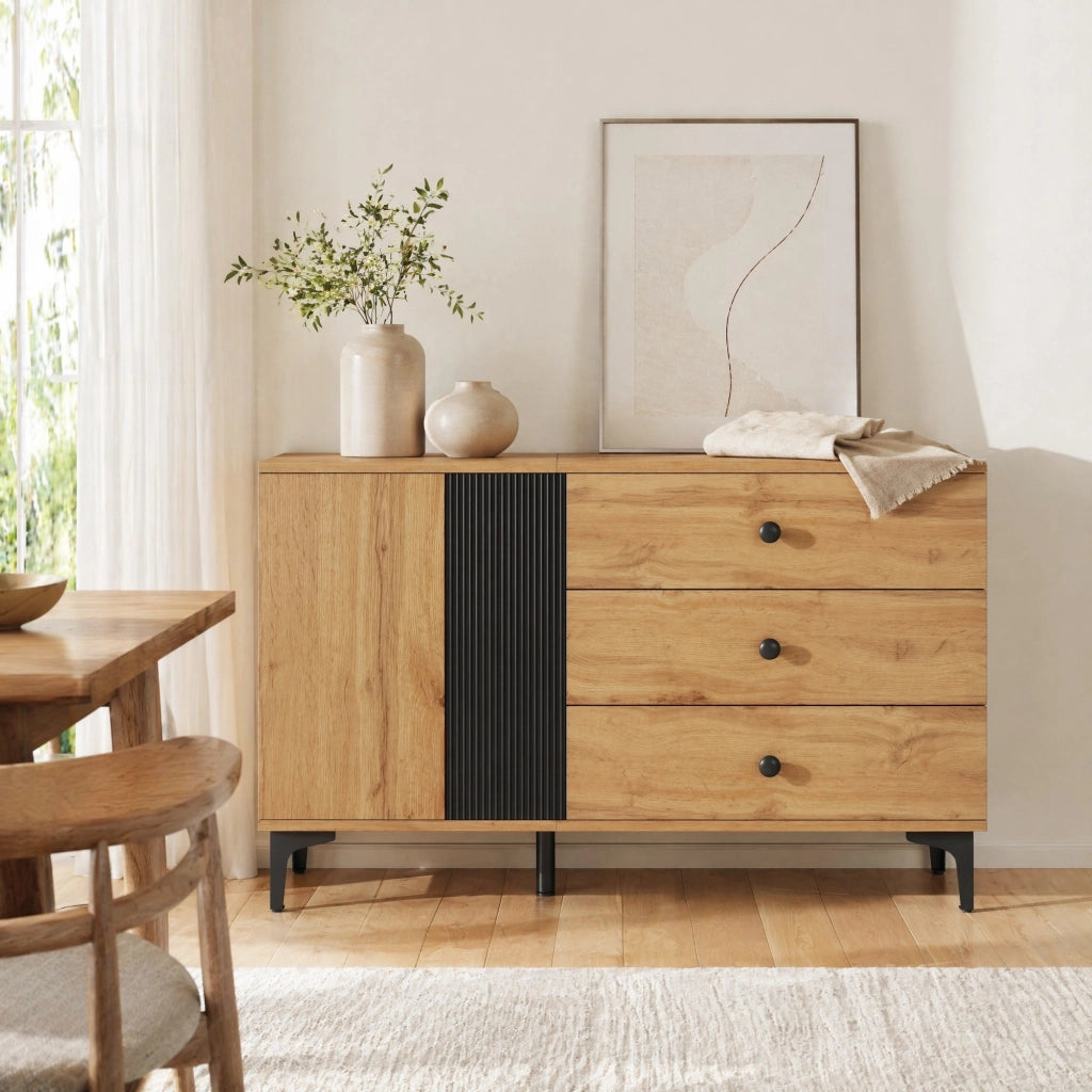 MADIA con 1 anta e 3 cassetti 120x35x76 cm nero e naturale
