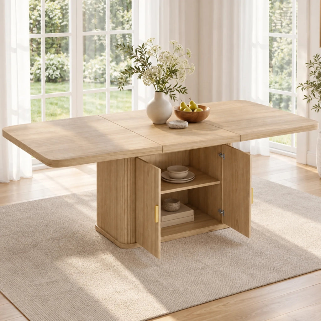 Tavolo da pranzo allungabile stile scandinavo, colore quercia, 150/200x90 cm, piano spesso con vano portaoggetti, per 6-8 persone