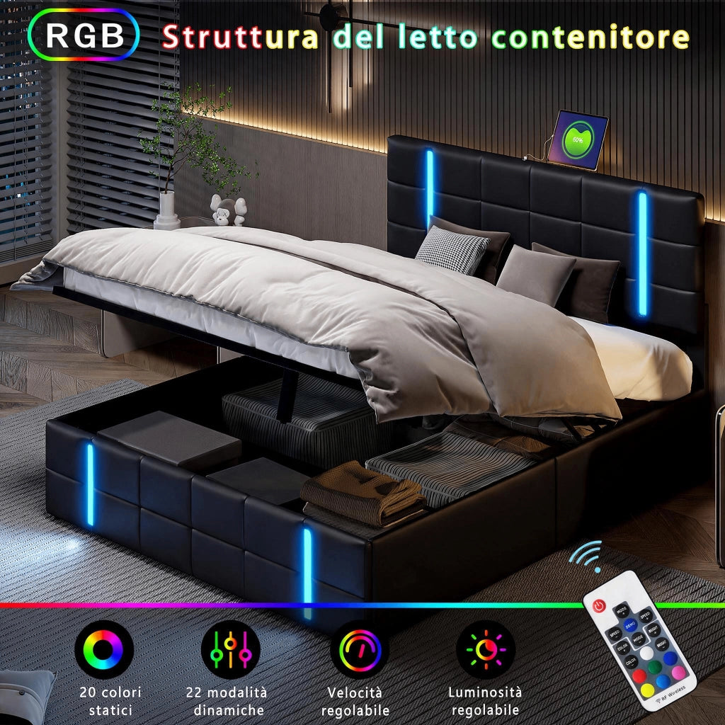 Letto contenitore 140x200 cm nero in ecopelle, luci LED RGB, porte USB‑C, meccanismo idraulico, design moderno camera da letto