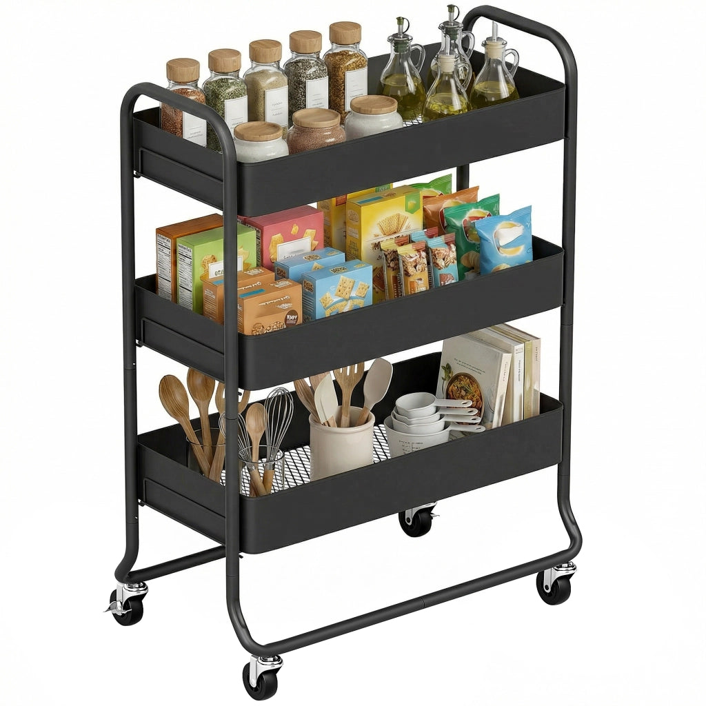 Carrello da cucina con 3 cesti e 4 ruote ¨C Minimal ¨C Nero metallo