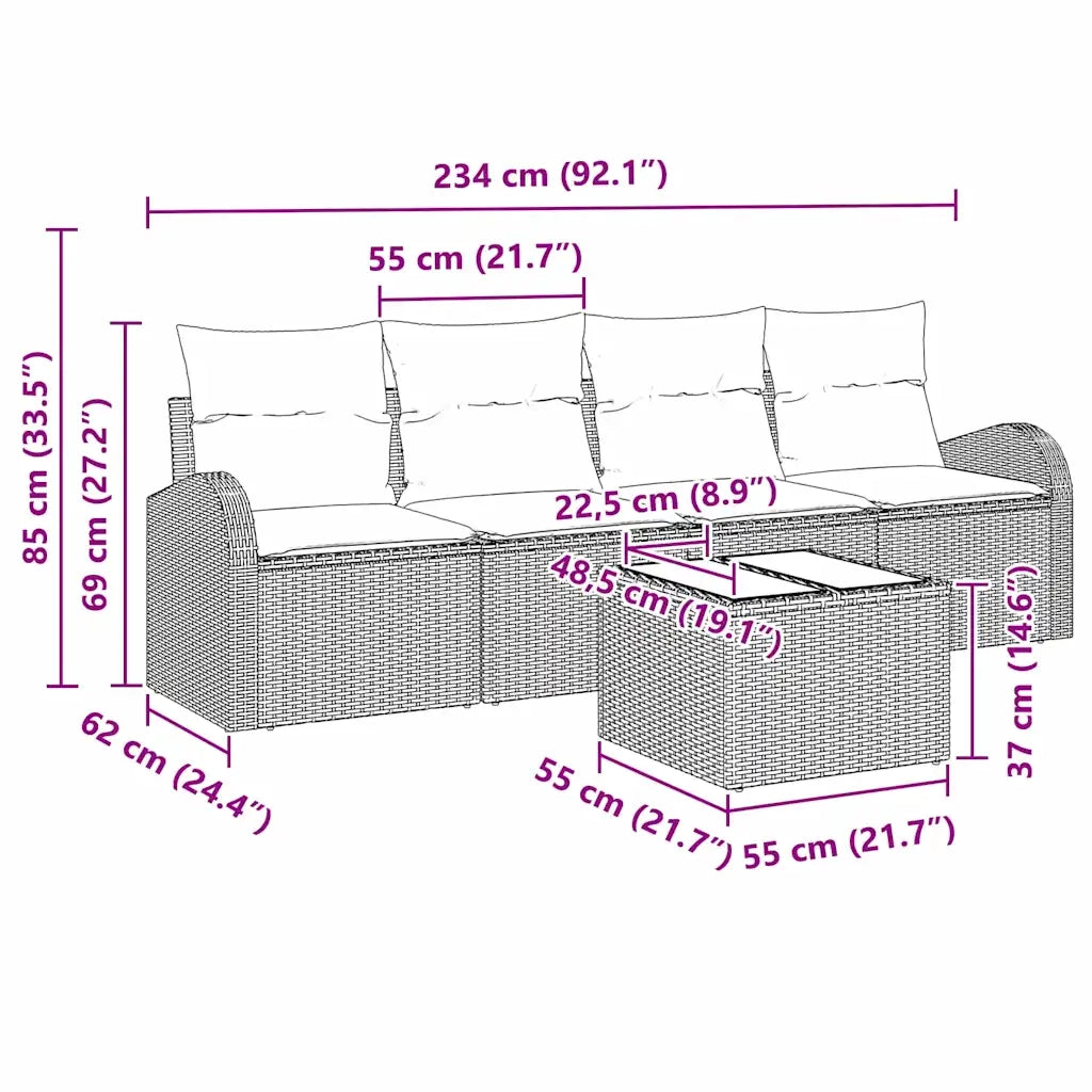 Set Divano da Giardino 5 pcs Grigio Polyrattan, Acciaio e Vetro