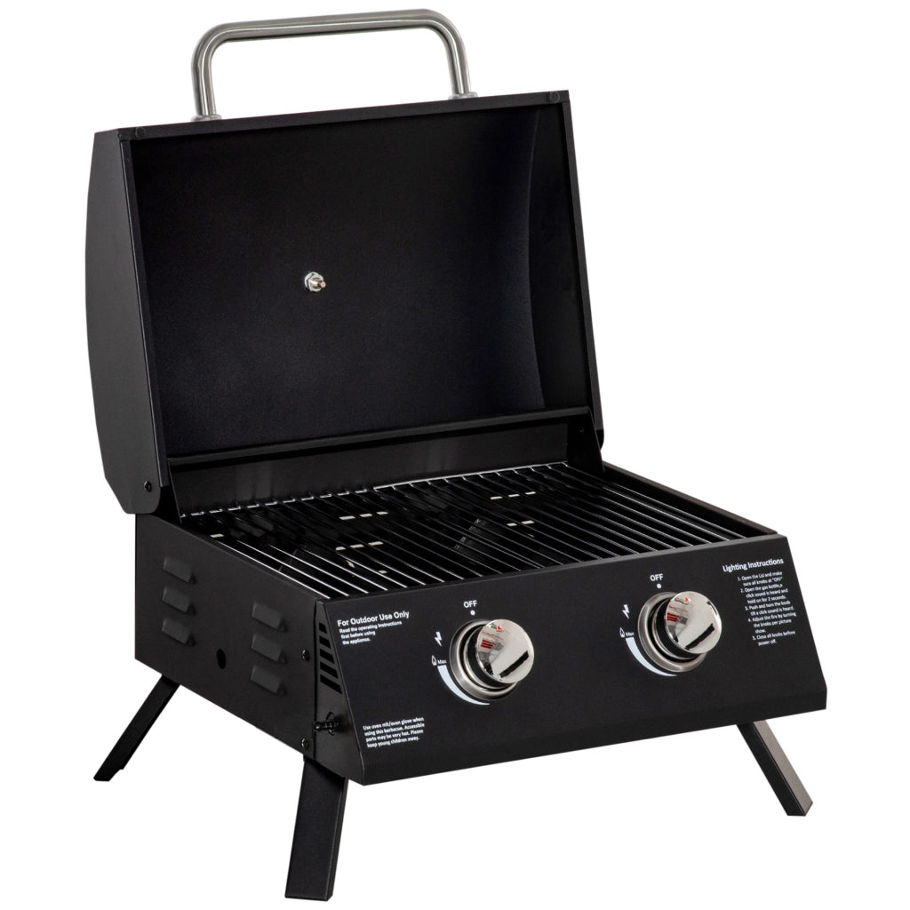 Barbecue a Gas da Tavolo Portatile 2 Bruciatori 5 kW con Piedi Pieghevoli e Termometro per Campeggio e Giardino