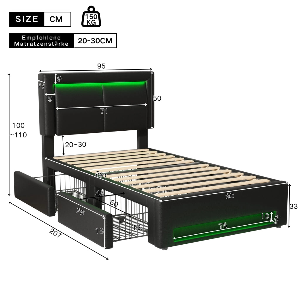 Letto singolo imbottito 90 × 200 cm con 4 cassetti, USB, ricarica senza fili e LED, senza materasso, nero