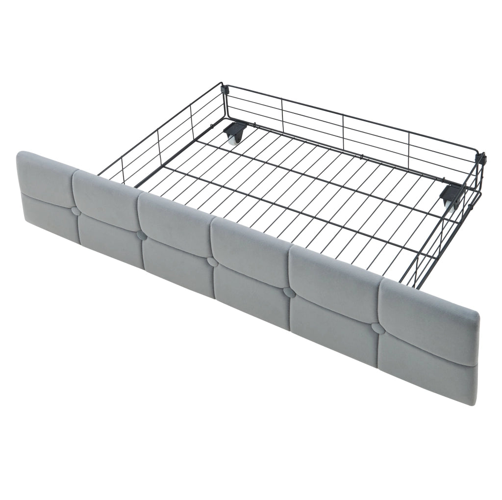 Divano letto imbottito 90x200 cm grigio con LED, USB-C e 2 cassetti
