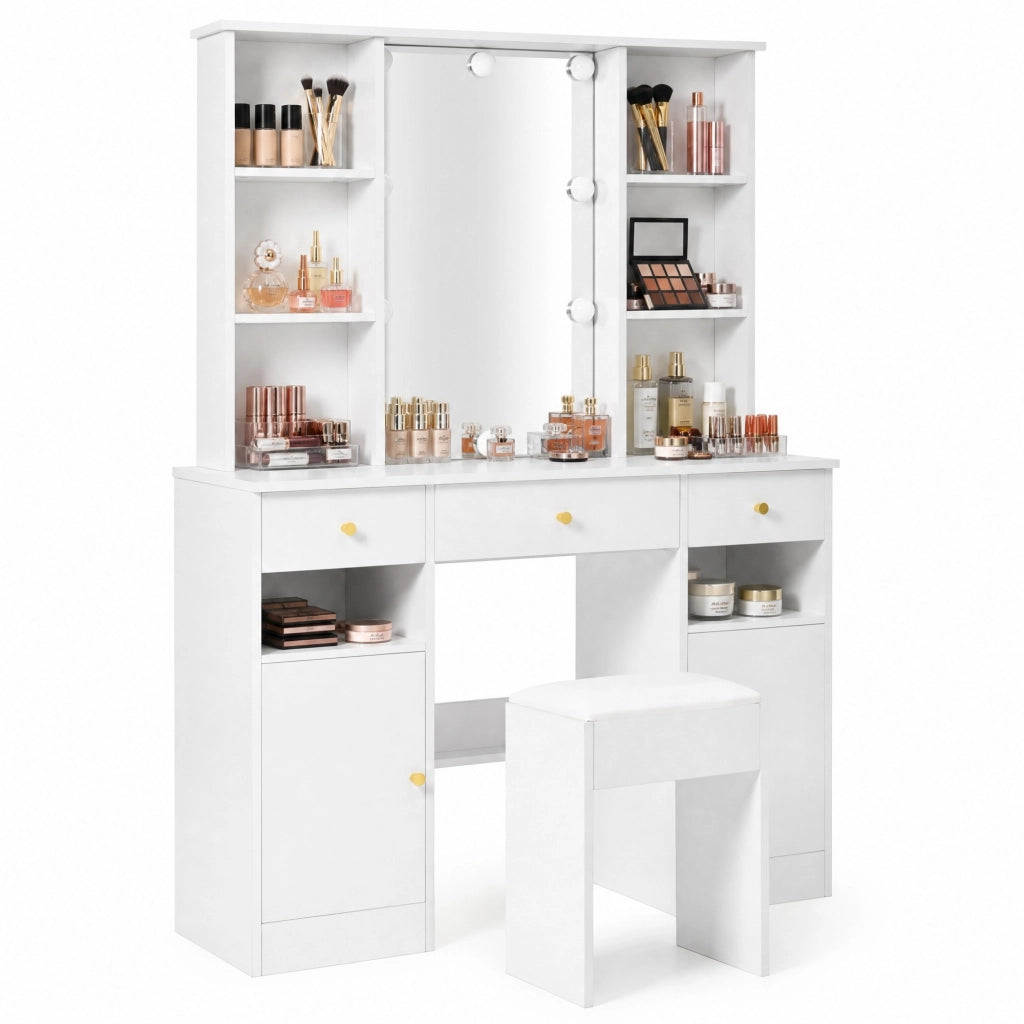 Toeletta con specchio LED 110x40x151 cm con 3 cassetti e 2 ante bianca HAVRYA