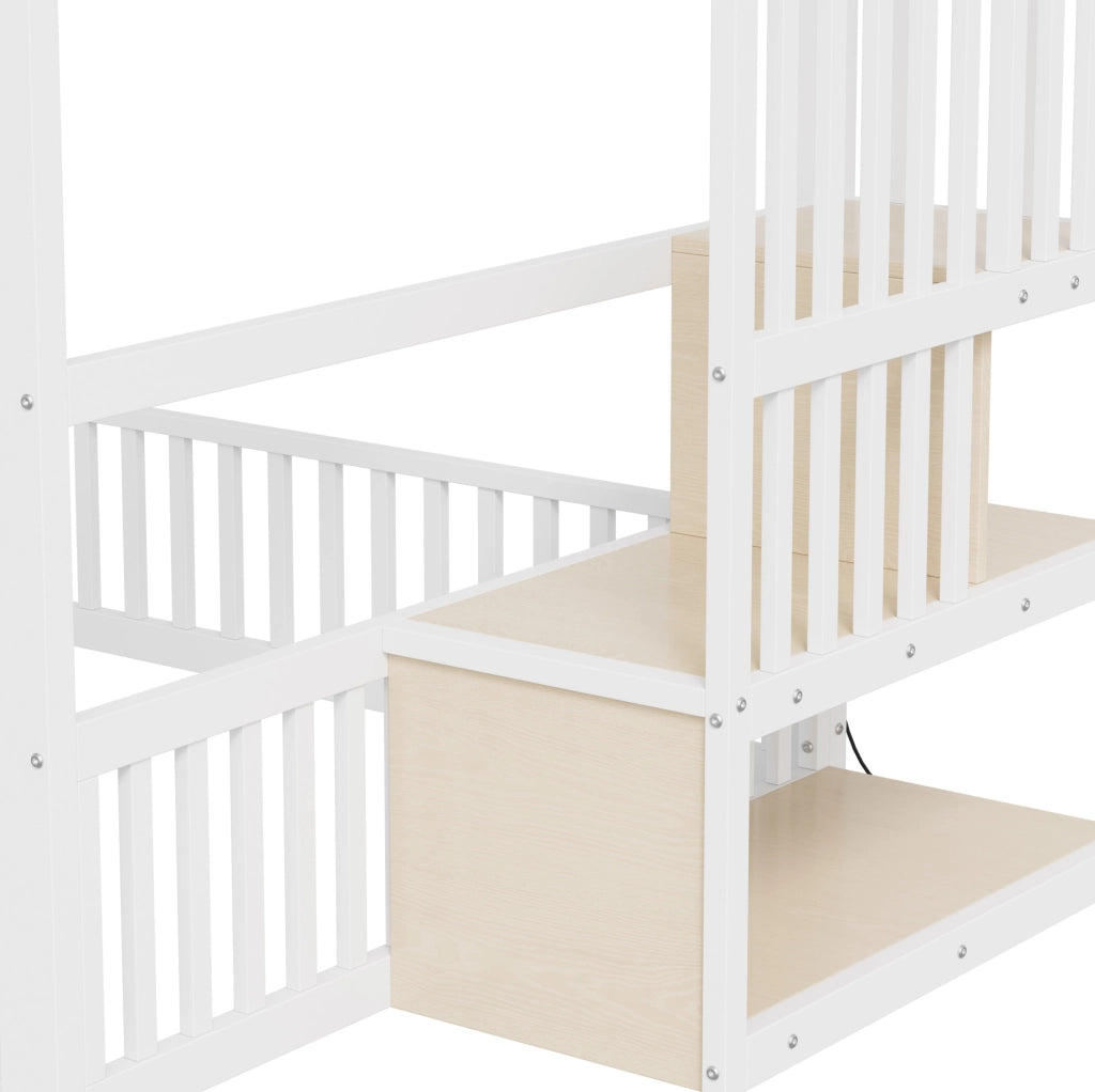 Letto a castello 140x200 con scala contenitore e illuminazione LED, colore bianco