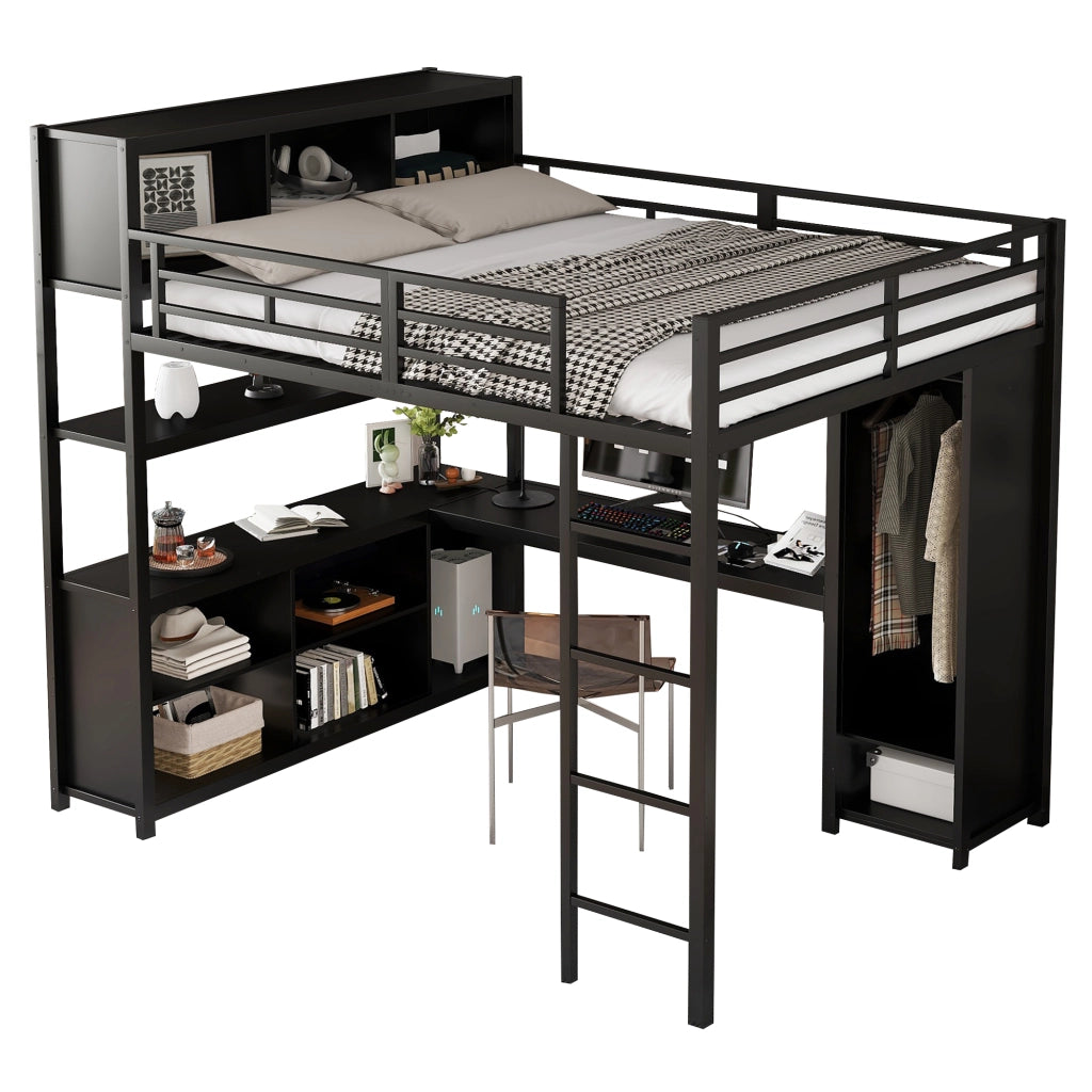 Letto a soppalco 140 × 200 cm 2 posti con scrivania, armadio e vani contenitore, senza materasso, nero