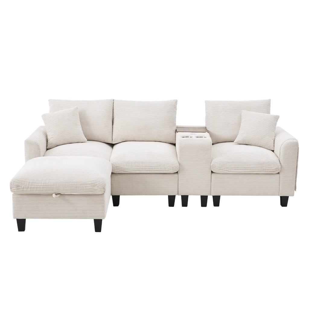 Divano angolare a L 4 posti 229 cm con pouf contenitore; console USB e portabicchieri; velluto a coste beige
