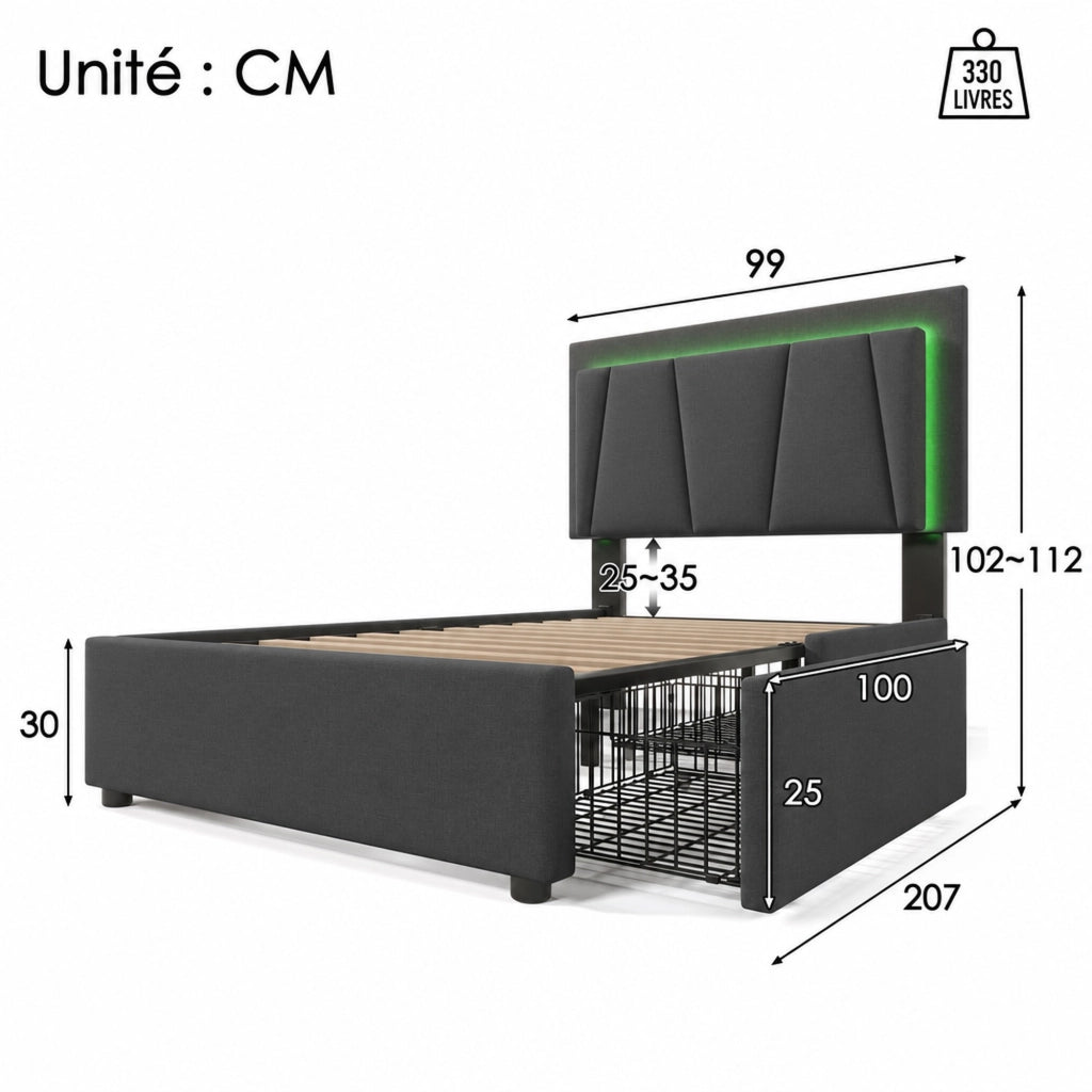 Letto singolo 90 × 200 cm con LED e 2 cassetti testiera regolabile in lino grigio senza materasso