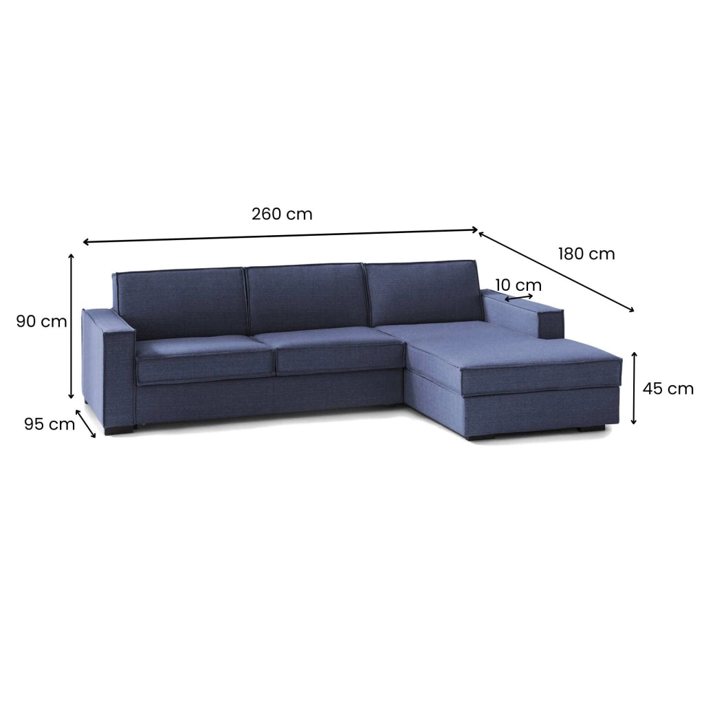 Afar, Divano Letto con Penisola Sfoderabile Made in Italy, 260x95 cm blu