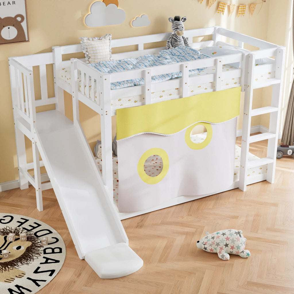 Letto a castello per bambini 90x200 cm con scivolo, scala, tenda e protezioni, bianco