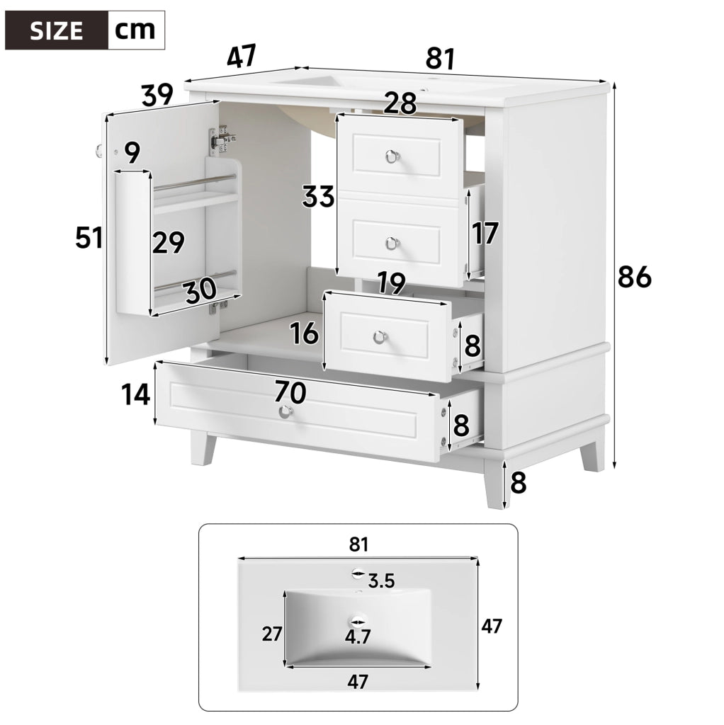 Mobile bagno 81 cm bianco lucido con tre cassetti, anta singola con ripiani e ampio spazio sotto lavabo, lavabo in ceramica incluso