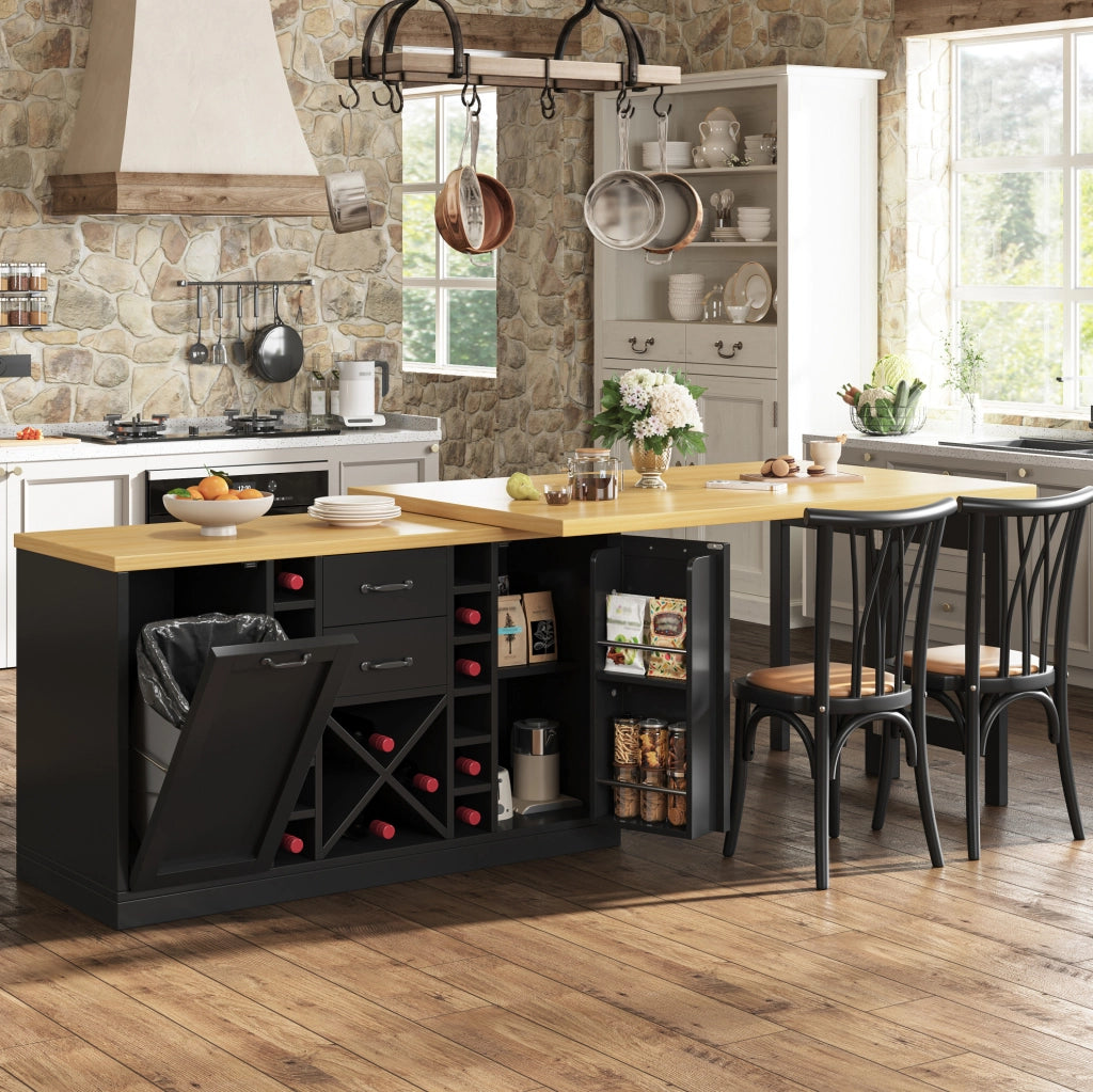 Isola cucina girevole 360° con spazio contenitivo, porta bottiglie estraibile e supporto per bidone 120–223 cm, bianco o nero