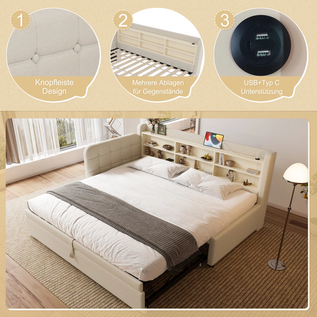 LETTO DIVANO ESTRAIBILE 90x200 cm Lino Beige USB + Tipo C