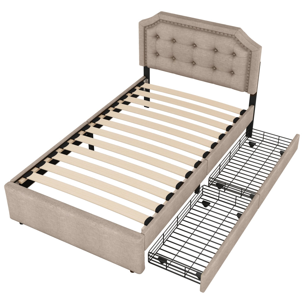 Letto imbottito 90x200 cm con 2 cassetti in lino e MDF beige scuro
