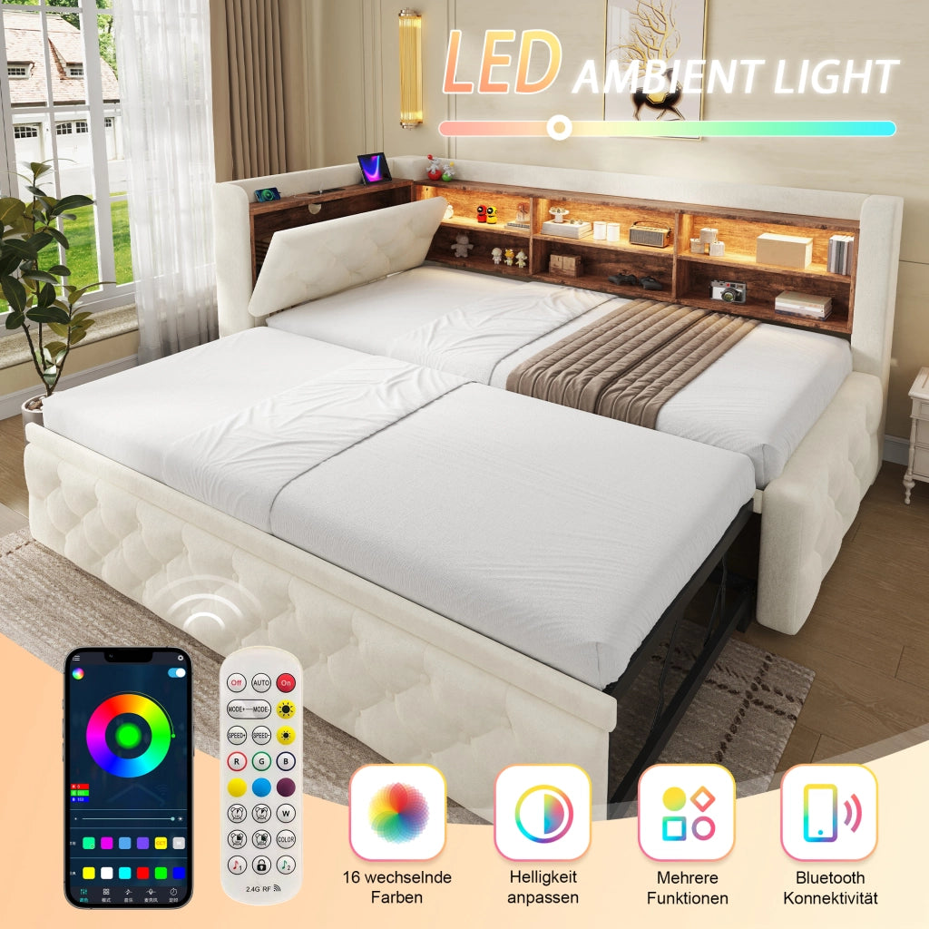 Divano letto estraibile 90 × 190 cm con bracciolo contenitore; LED; USB e Type-C; velluto beige; rete a doghe