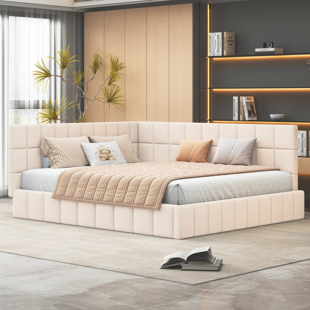 Divano letto 160 × 200 cm con rete a doghe rivestito in velluto beige con schienale e bracciolo intercambiabili