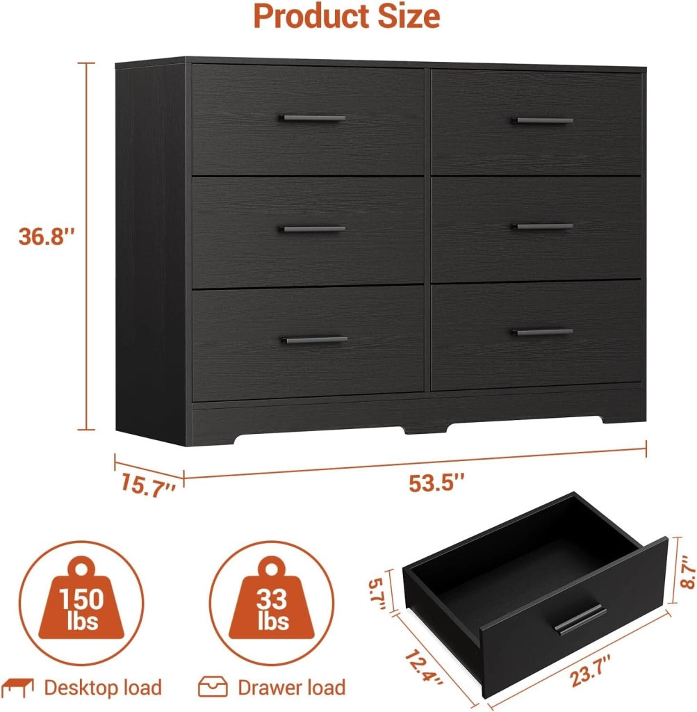 Cassettiera 6 Cassetti Nero Madia Larga e Mobile Porta TV Design Moderno per Camera e Salotto