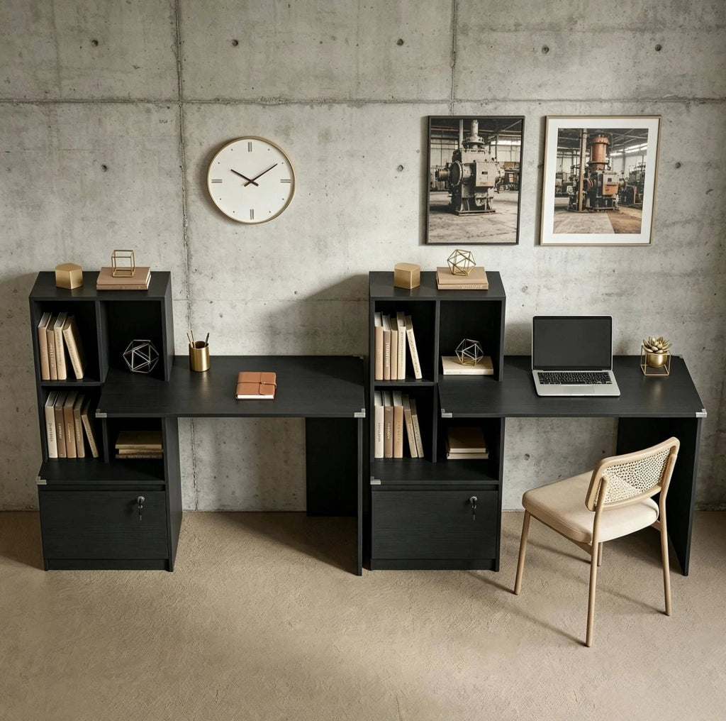 Scrivania per computer nera con libreria e cassetto chiudibile