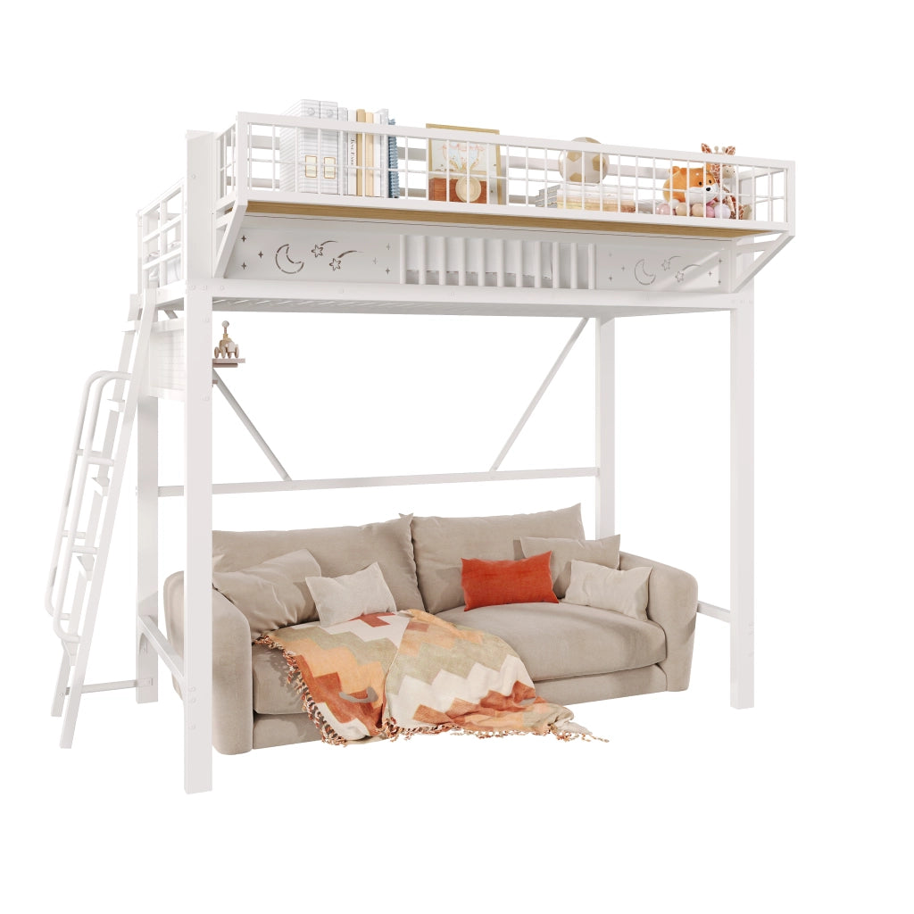 Letto a soppalco 90 × 200 cm in metallo bianco con vano inferiore aperto ripiani laterali e scala reversibile