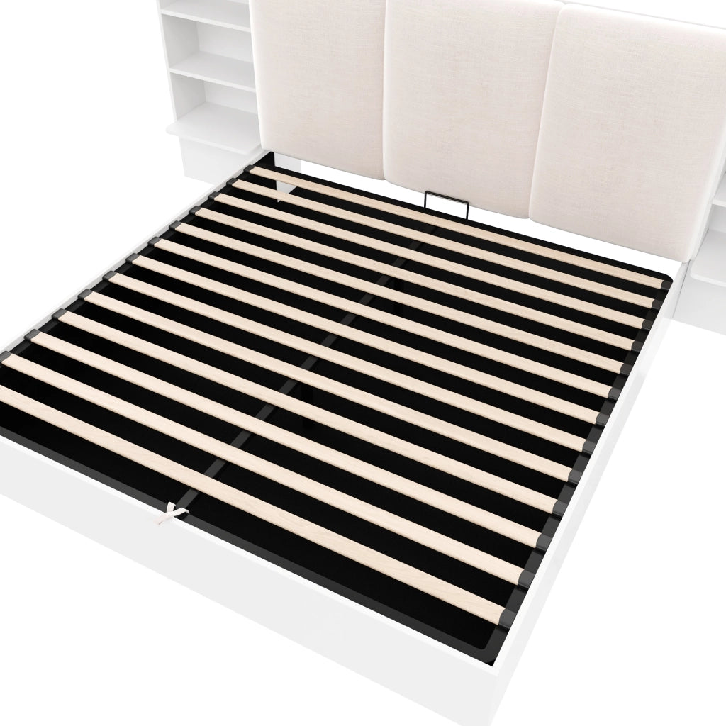 Letto contenitore 180 × 200 cm con testiera imbottita 6 vani LED regolabili struttura in MDF e compensato bianco