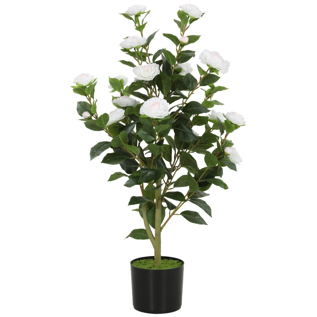 Pianta Finta di Camelia con Fiori Realistici, 176 Foglie in PEVA e Vaso Nero in PP Riempito in Cemento, Bianco