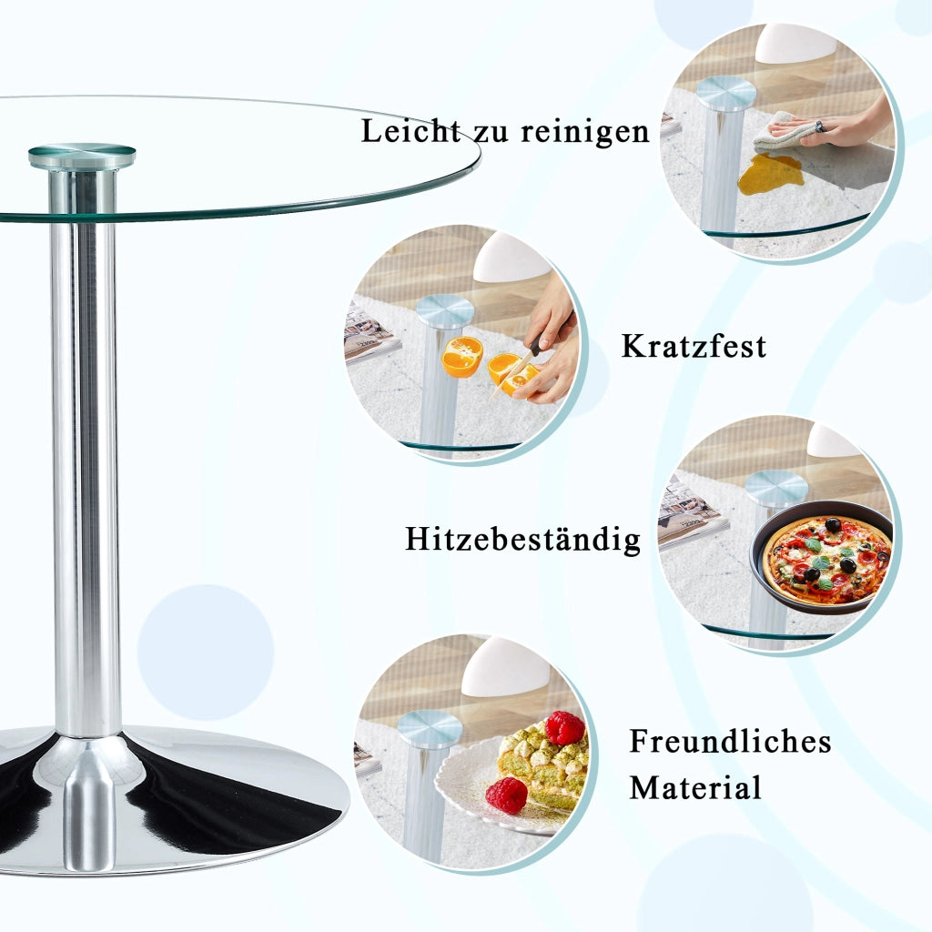 Tavolo alto da bar con piano rotondo in vetro trasparente e base in metallo argento diametro 85 cm altezza 76 cm