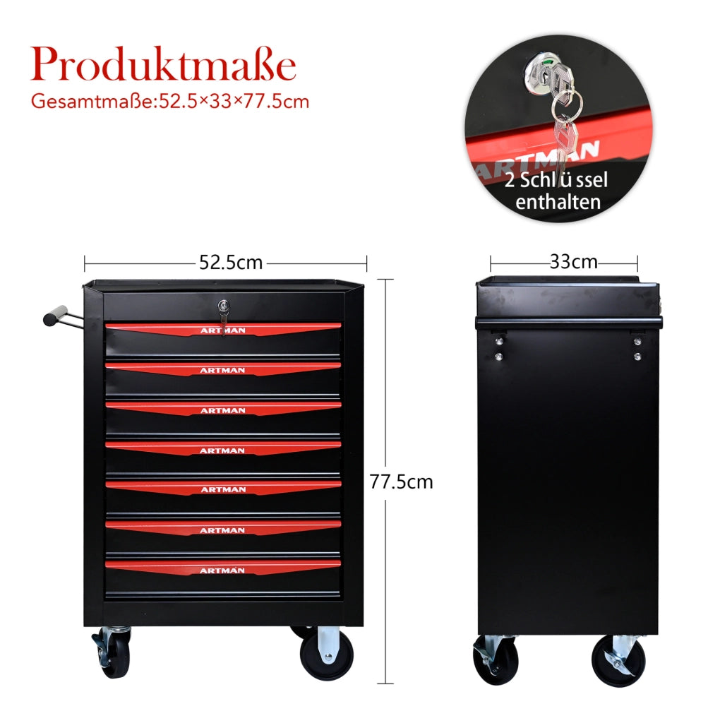 Carrello portautensili mobile a 7 cassetti in acciaio nero e rosso con serratura HOMVRA