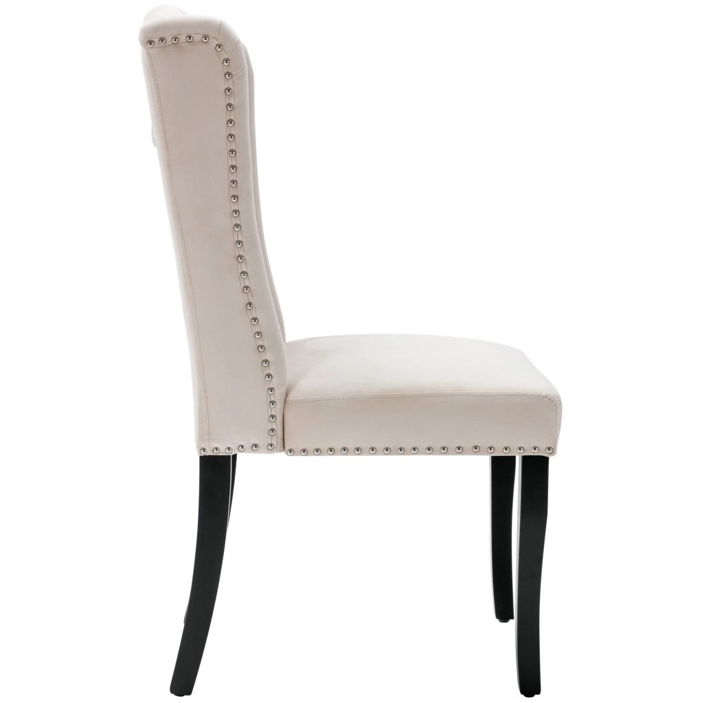 Set di 4 sedie da pranzo in velluto beige con gambe in rovere e bottoni