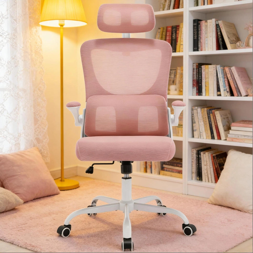 Sedia da ufficio ergonomica rosa con rete e ruote