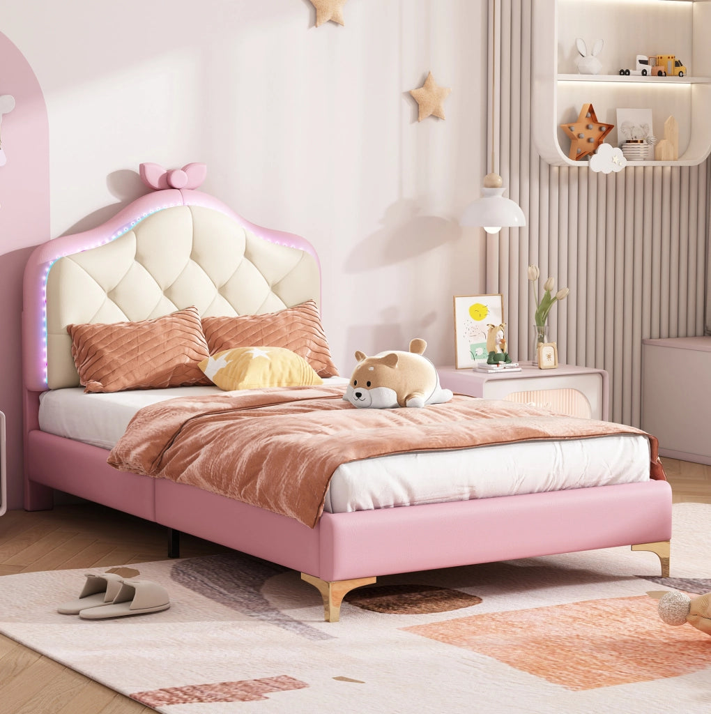 Letto singolo imbottito 90x200 cm rosa e bianco con LED multicolore