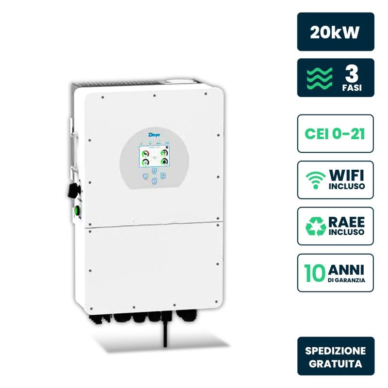 Inverter Fotovoltaico Deye Trifase Ibrido ALTA TENSIONE On-Grid/Off-Grid 20kW CEI 0-21, Schermo LCD Touch a Colori, Smart Meter Integrato, WiFi e TA, Garanzia 10 Anni IP65 SKU-12170