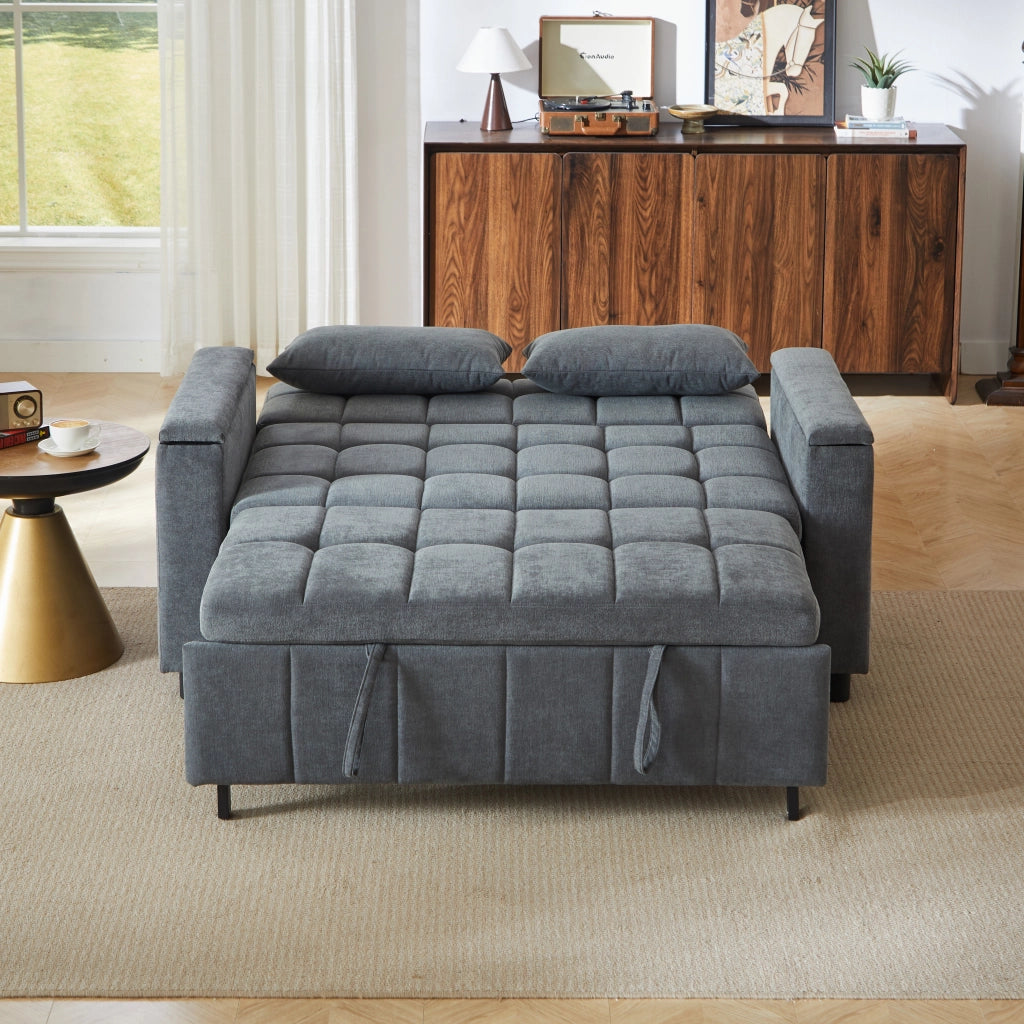 Divano letto 2 posti estraibile 3 in 1 con contenitore nei braccioli e tasche laterali in ciniglia grigio